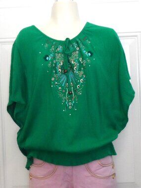 Style & Co. Green embroidered beaded detail boho blouse - size M